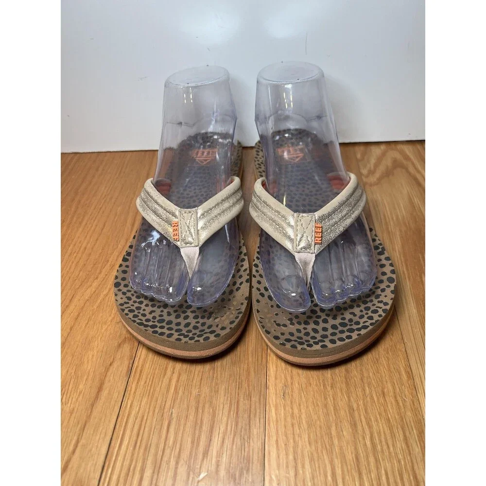 Reef Sandals Shoes Kids Size 5 Beige Ahi Flip Flop Animal Print Beach Casual